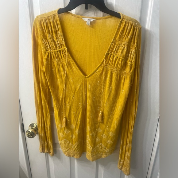 Lucky Brand Yellow Floral Print Vneck Boho Tassel Top Size Small - Picture 2 of 7